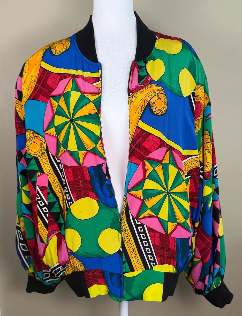 Vintage 80s Colorful Picasso Print Spencer Jeremy 100% Silk Bomber Jacket M